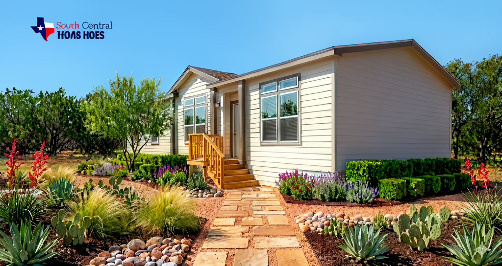 Mobile home with front deck, stone walkway, and flower beds