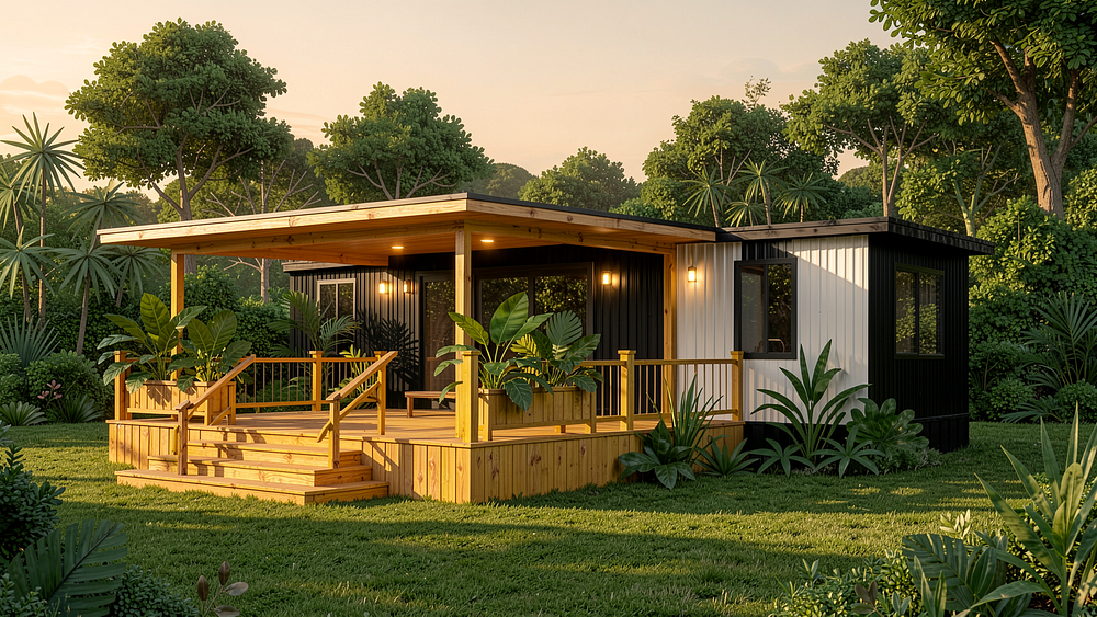 Wooden covered deck on a mobile home