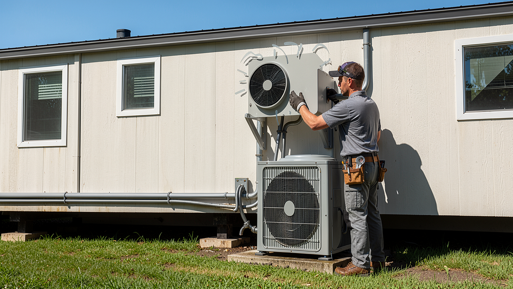 Technician installing HVAC unit on a mobile home