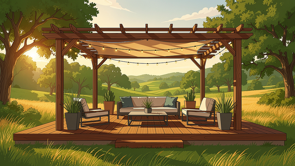 Wooden pergola with outdoor living furniture
