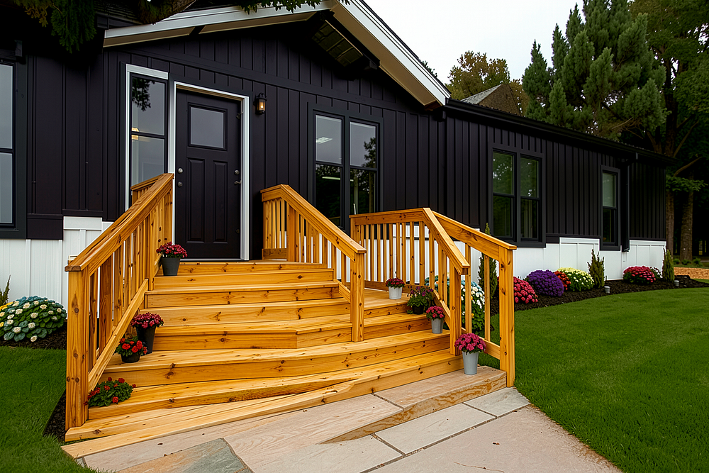 Custom wooden stairs leading to a mobile home entrance